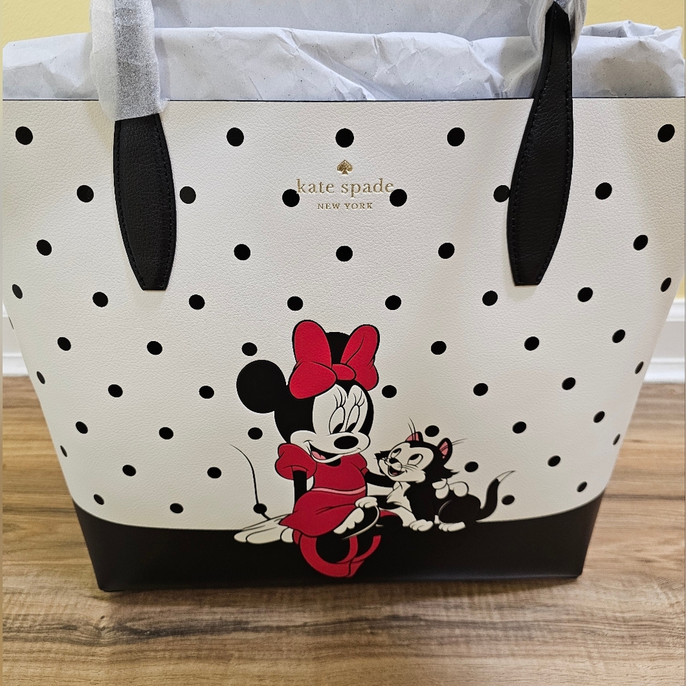 DisneyxKate Spade Minnie Mouse tote reversible black polka dot+matching wallet - Picture 9 of 17